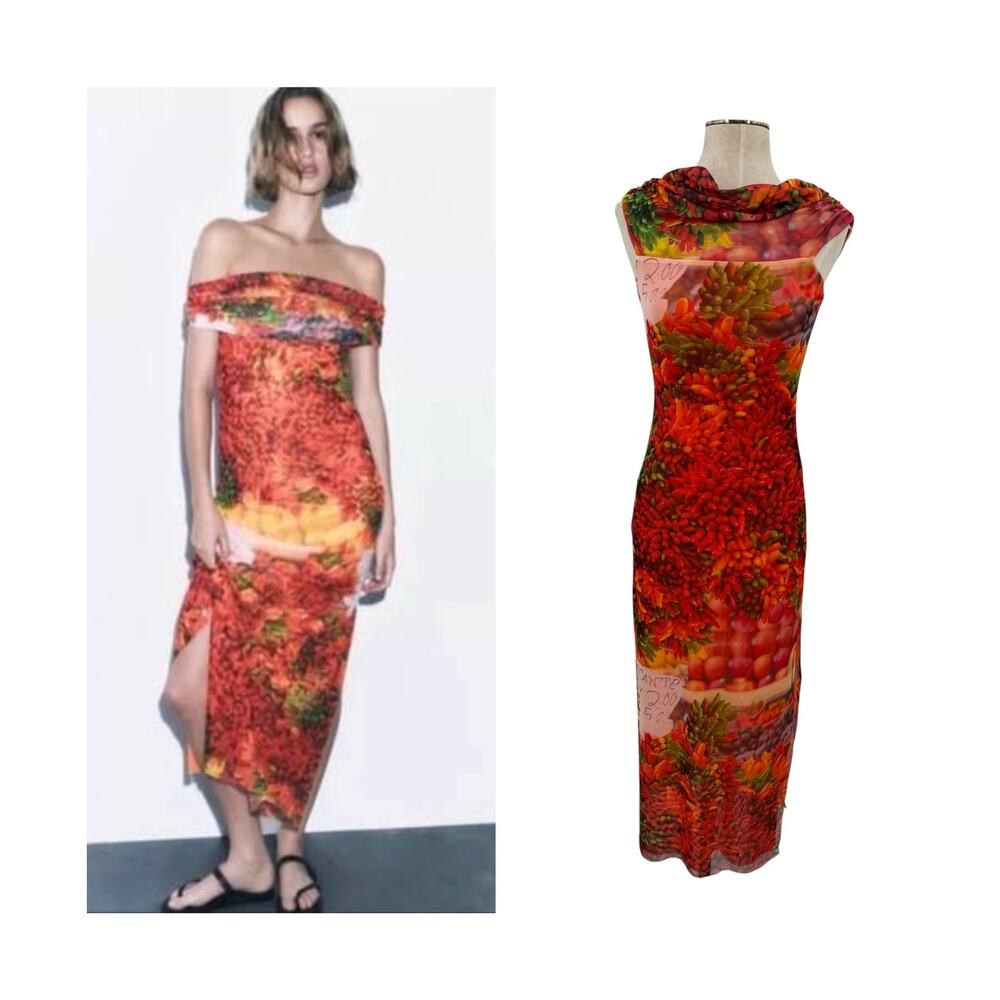 Zara Picante Chili Pepper Farmers Market Mesh Maxi Dress Off Shoulder Small